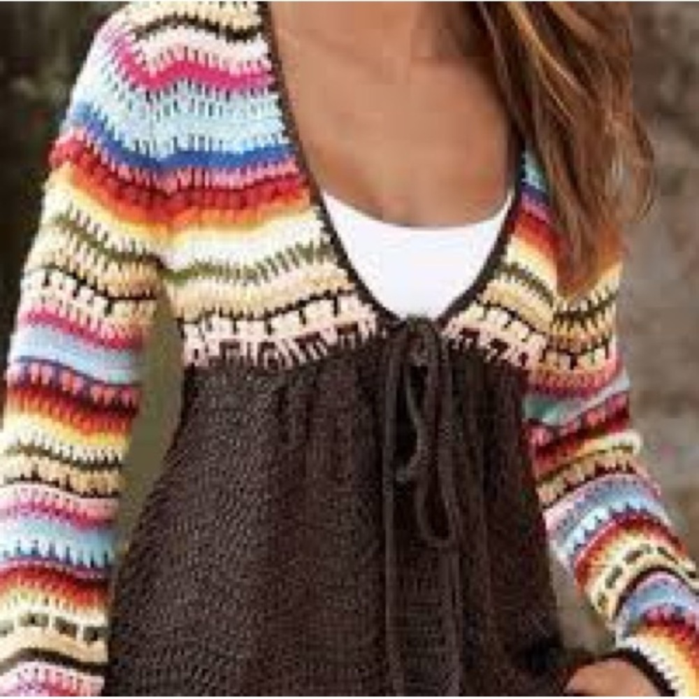 Boston Proper Multicolor Striped Sleeve Knit Cardigan with Brown Bodice